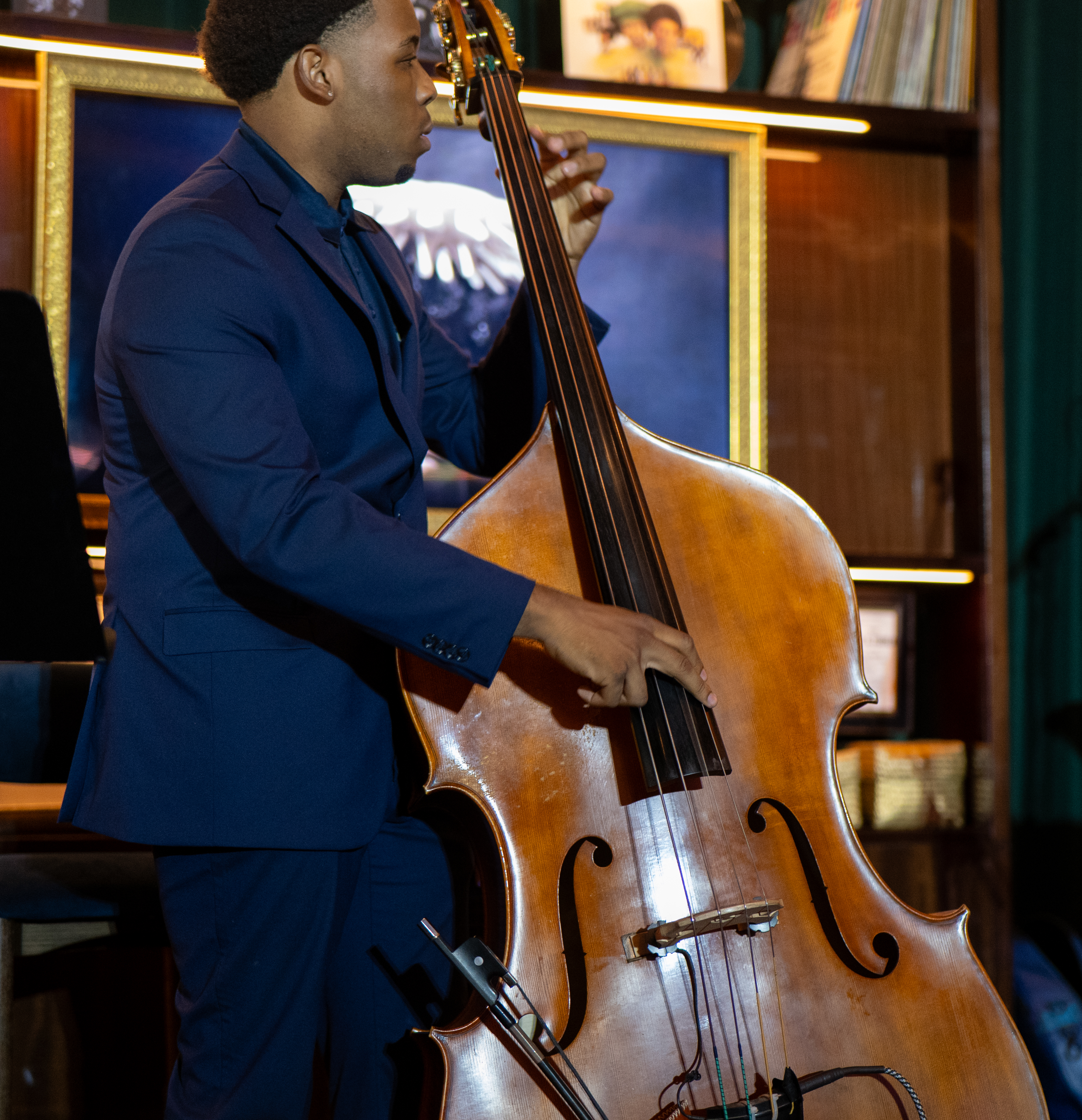 Christopher Hilton playing double bass at Jon Batiste's Jazz Club